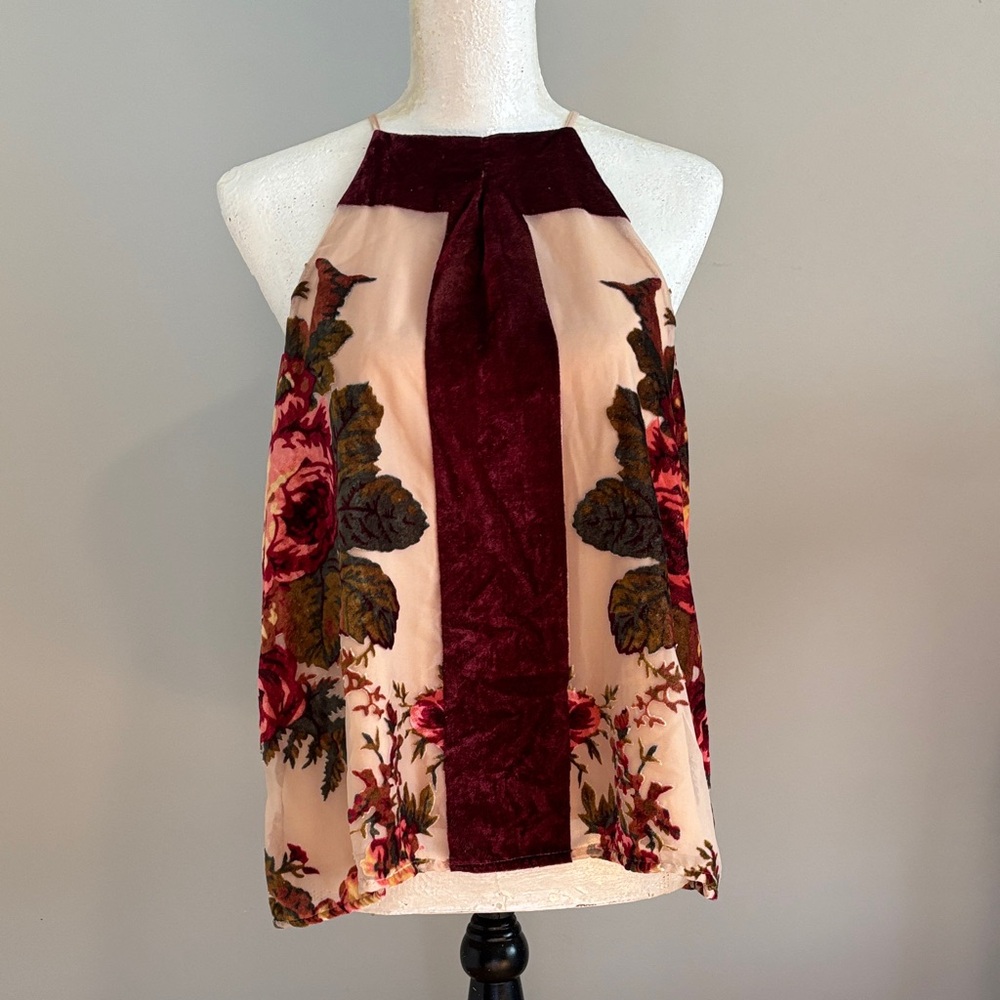 Elegant Floral Halter Blouse - Burgundy and Cream